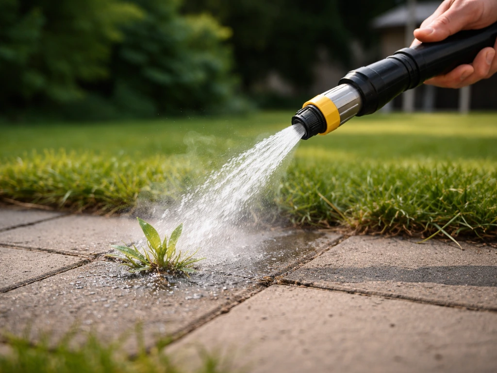 Tuinier met tuinslang die kokend water op onkruid richt, zicht op hete waterbrandopzetting