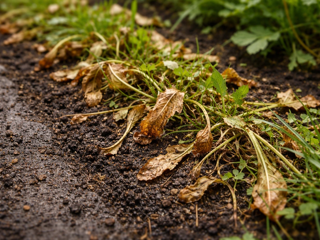 Close-up van gras en onkruid dat direct bruin en slap wordt, met bodem zichtbaar naast de plantdelen.