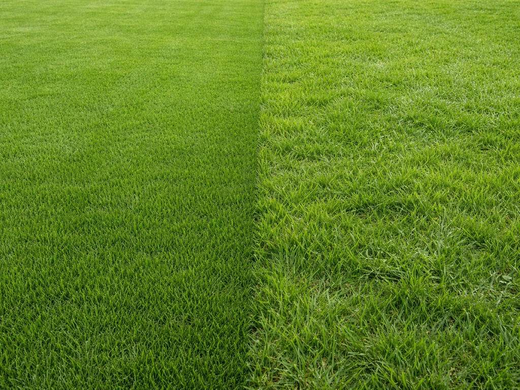 Twee naast elkaar liggende gazons: strak siergazon links en grover speel-/gebruiksgazon rechts.