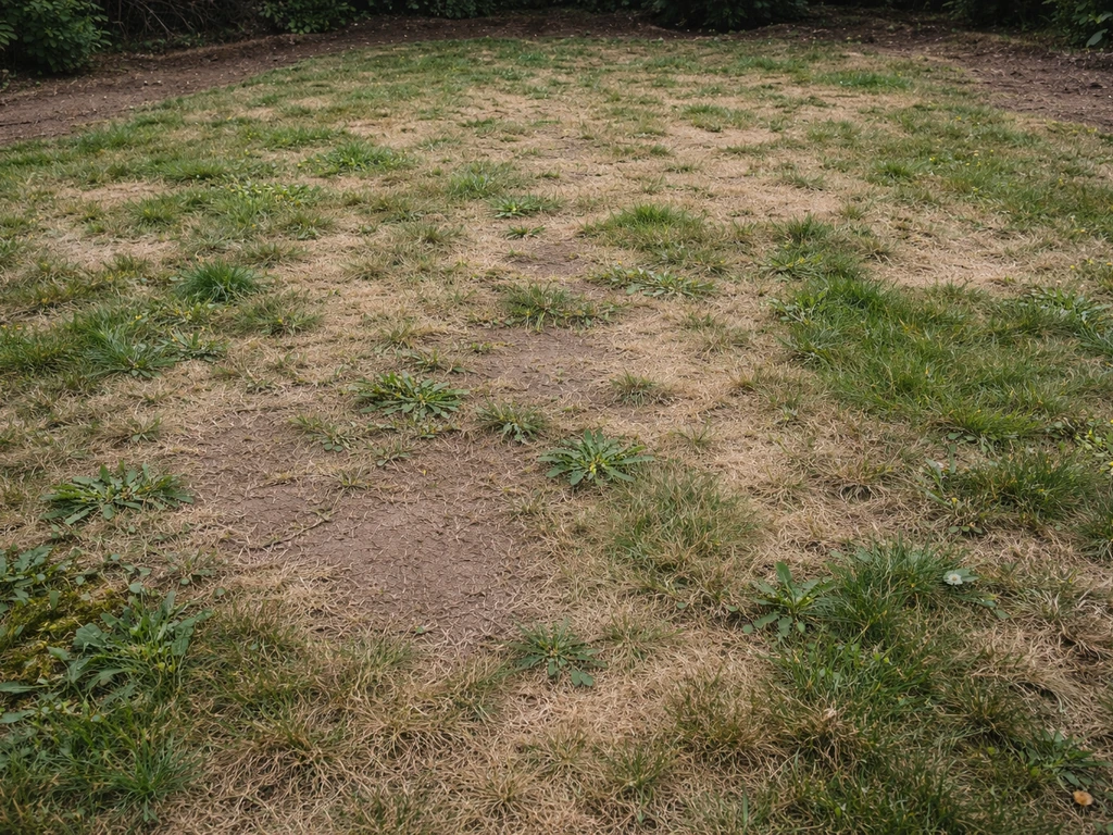 Verwaarloosd grasveld met kale plekken, vervilt gras en onkruid, klaar voor renovatie