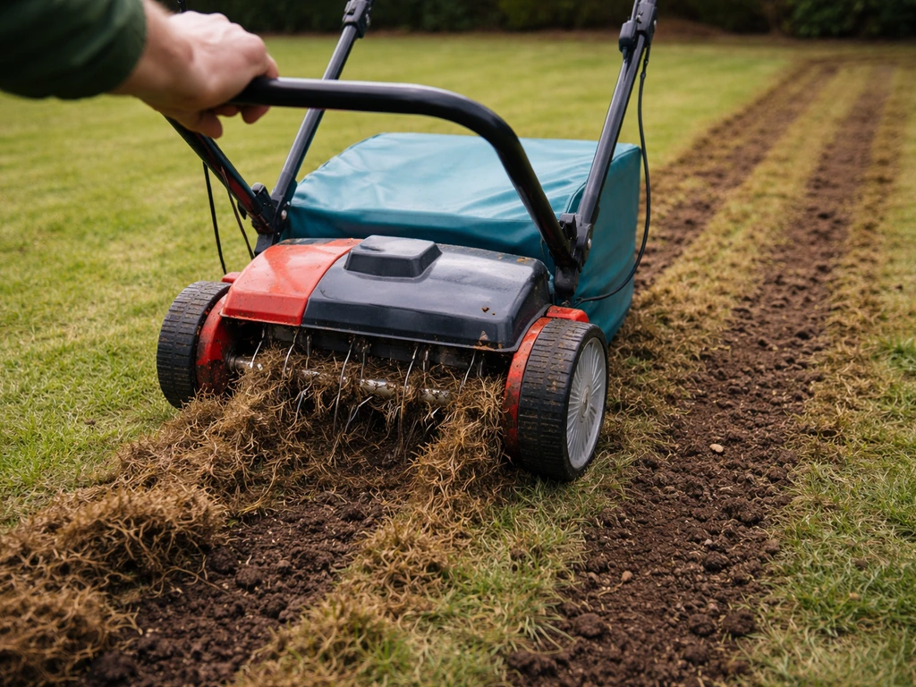 Tuinman die met verticuteermes en beluchtingsrol over gazon werkt, met zichtbaar vilt en aarde.