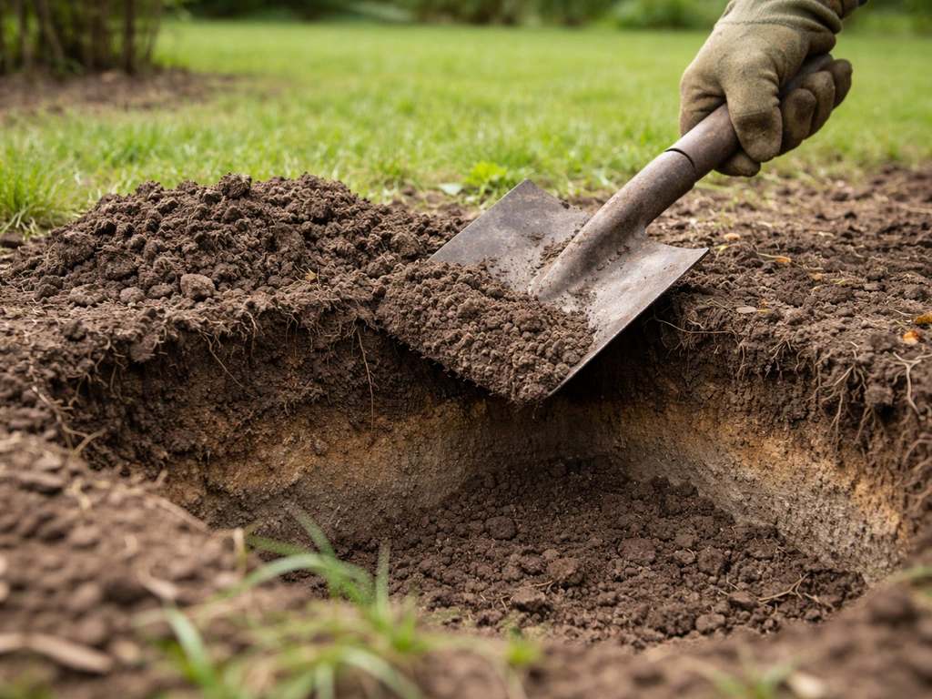 Close-up van een schop in de grond met zichtbare bodemlagen rond 15 cm diep.
