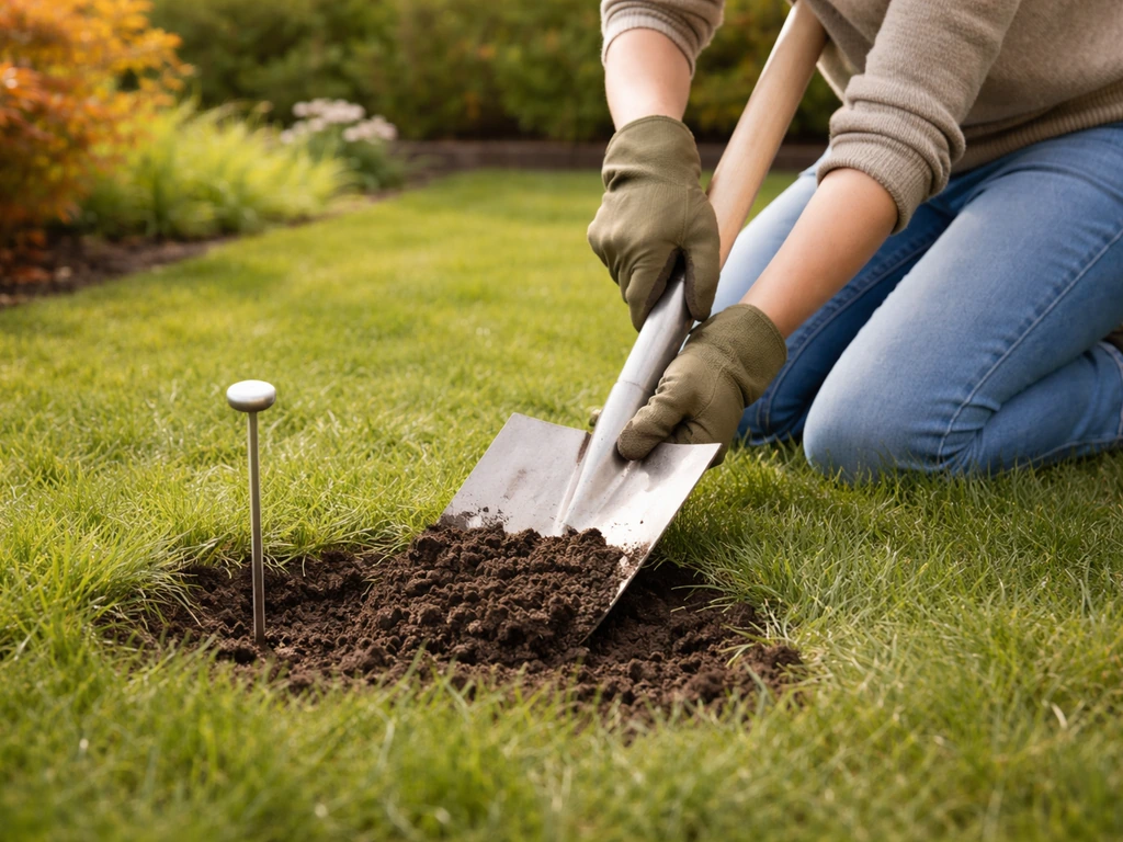 Tuinieren: spade omspitten met een bodemthermometer in de grond als symbool voor het juiste seizoen.