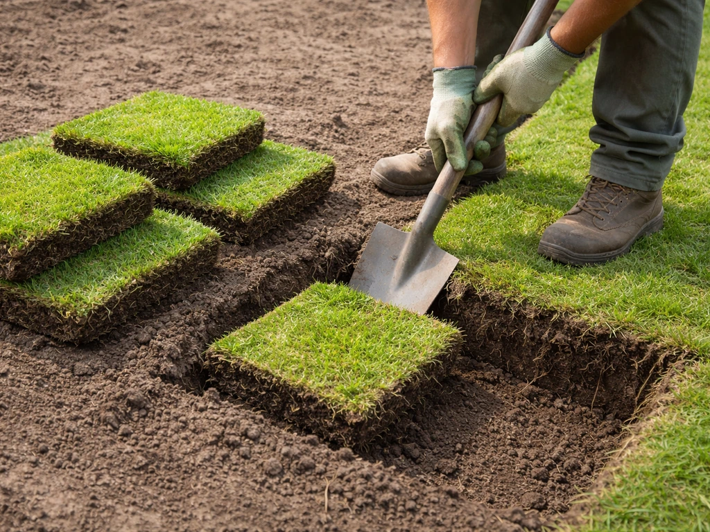 Tuinmanipulatie: graszoden in plakken lossteken met spade, aarde zichtbaar tussen verwijderde stukken