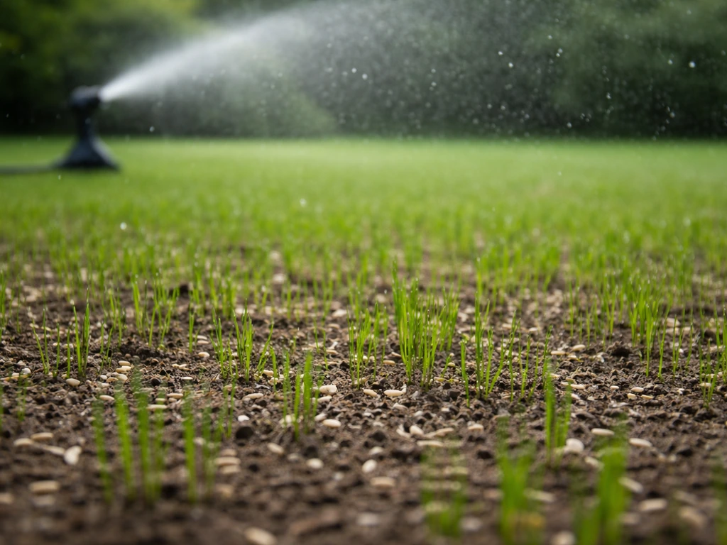 Versgezaaid gazon met licht vochtig zaaibed en een beregeningsinstallatie, met jonge grassprieten op de achtergrond.