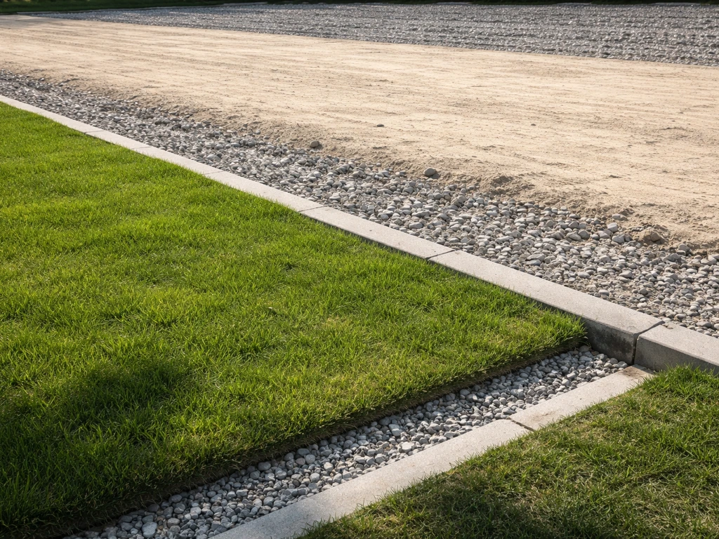 Functioneel aangelegd grasveld met zichtbare afwatering en opbouw van civiele onderlaag, buiten bij daglicht