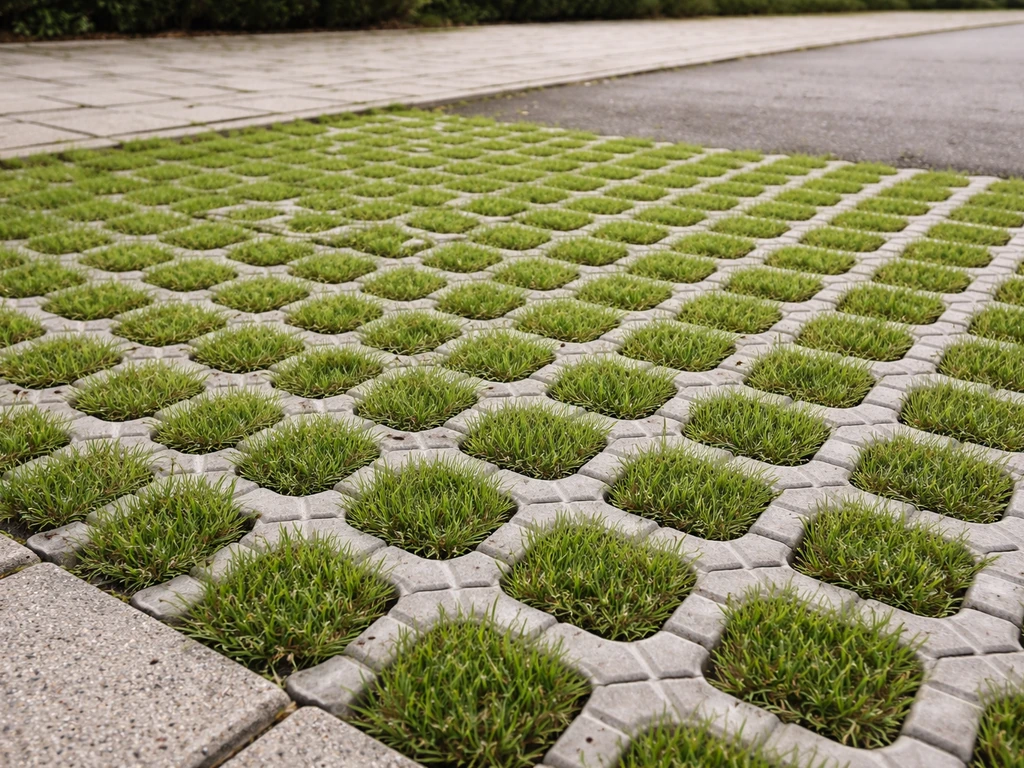 Close-up van een parkeerstrook met grasroosters waar kort groen gras doorheen groeit.