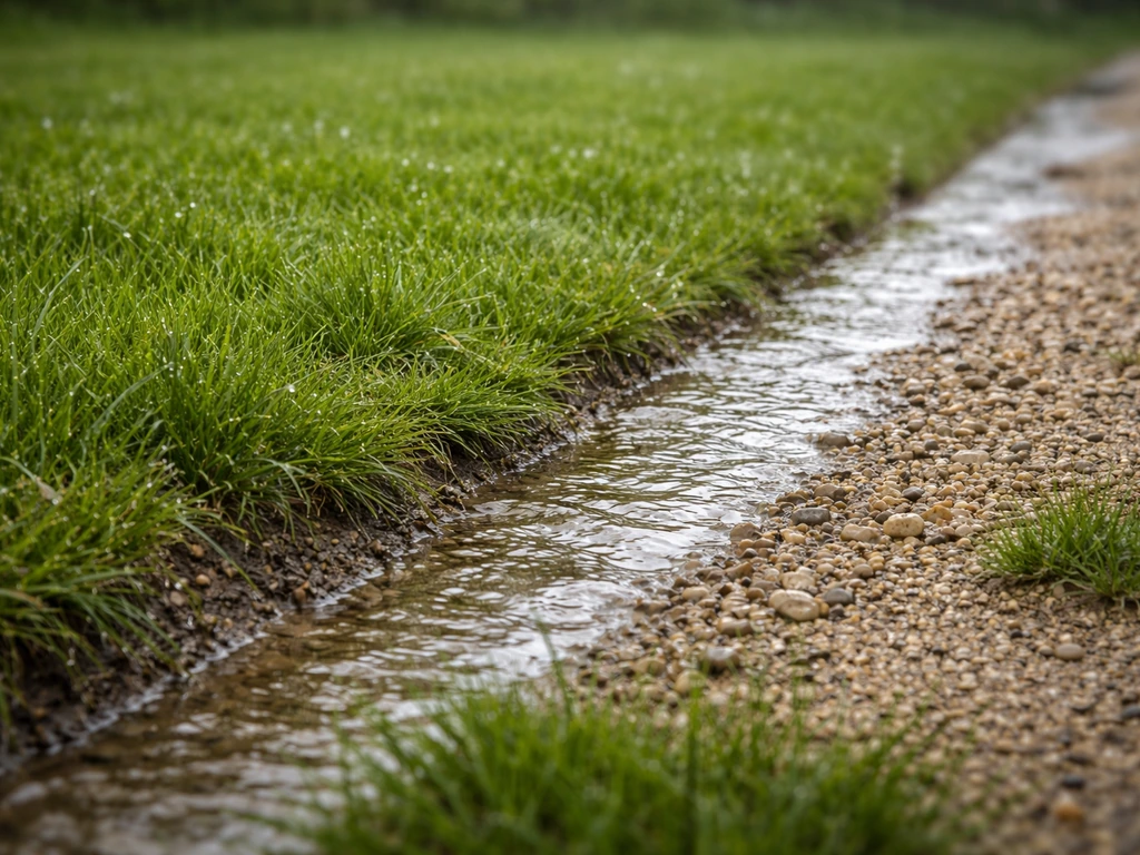 Klein stuk grasland met zichtbare afwatering richting berm, water dat wegstroomt na regen.