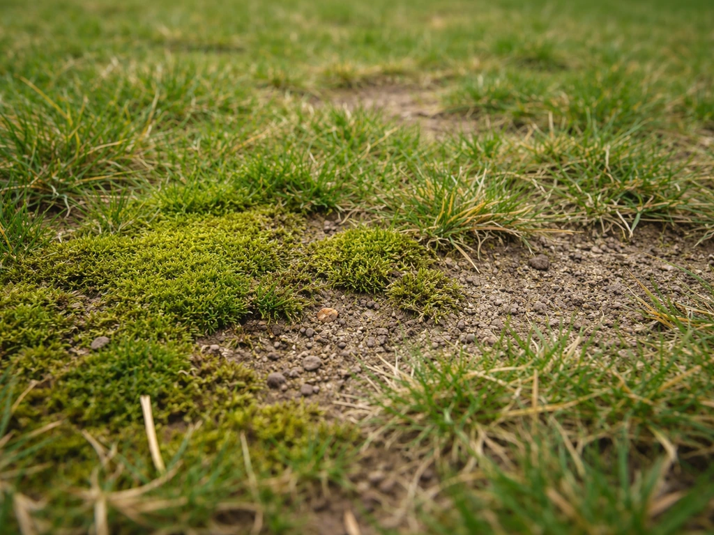 Close-up van een grasmat met mosplekken en kale plekken, met zacht natuurlijk licht.