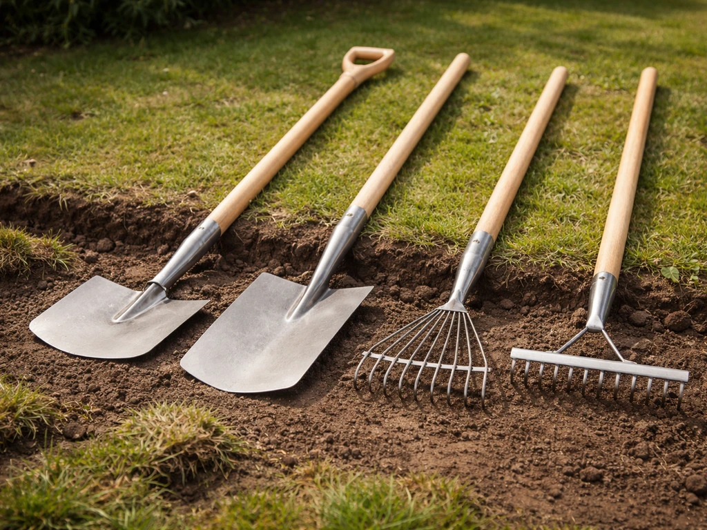 Gereedschap voor gras verwijderen klaar op de grond: sodesnijder, spade, hark en verticuteerhark.