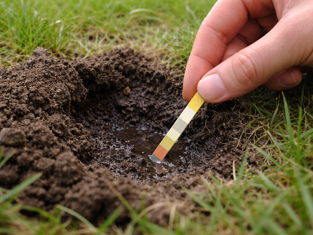 Close-up van bodem-pH teststrip op gras, met hand die bodemmonster neemt voor gazonwerkzaamheden.