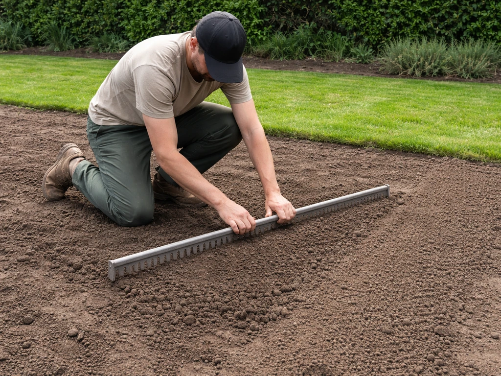 Anonieme tuinier egaliseert een hersteld gazon met een lange hark bij vers te zaaien plekken.
