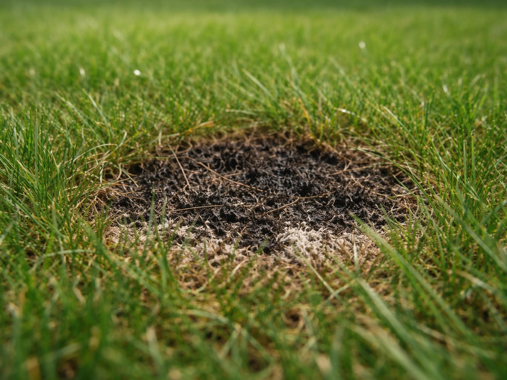 Close-up van een gazonvlek met donkerbruin afgestorven gras en donkere schimmelresten tussen het gras