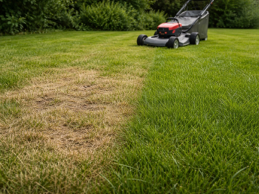 Bruin schimmelplek op een gazon, naast groener gras dat op hogere maaihoogte staat.