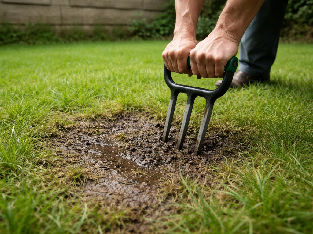 Iemand prikt met een gazonvork in een natte, aangedane plek; gras oogt daarna zichtbaar beter