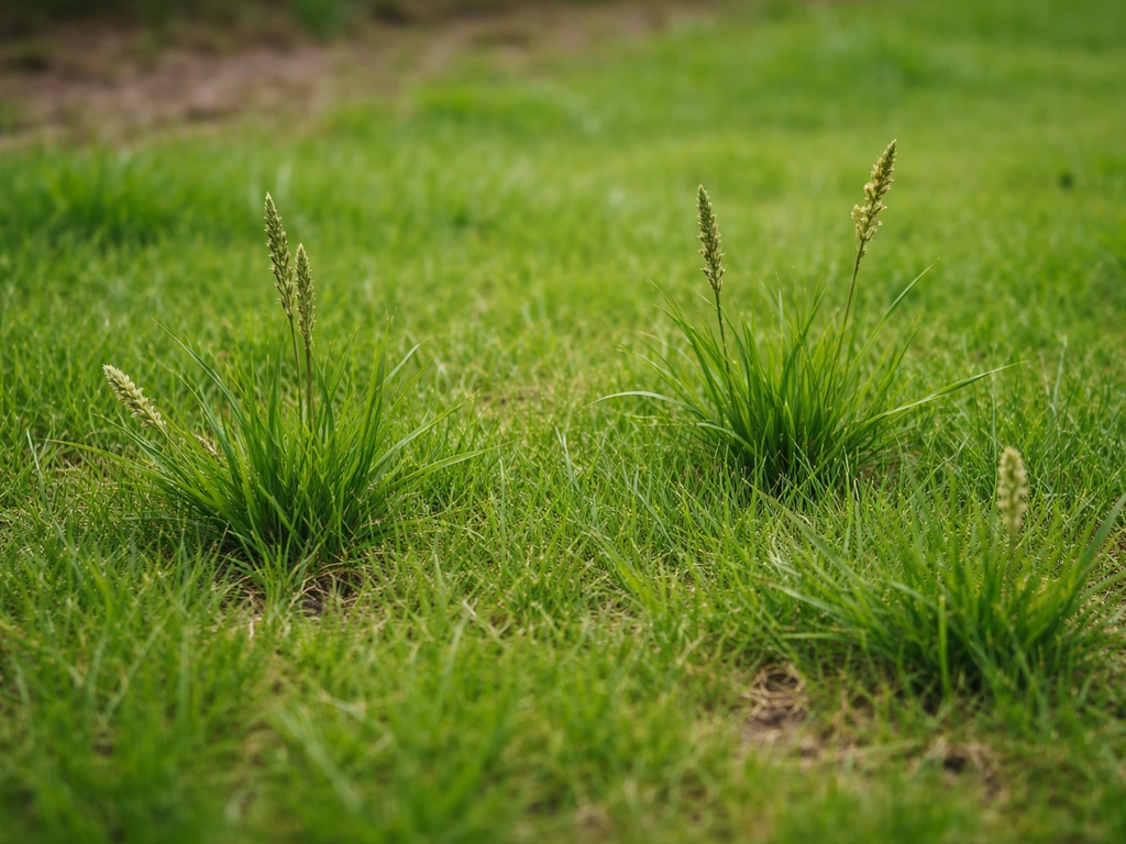 Close-up van een gazon met wild gras-spruiten die tussen ingezaaid gras opkomen.