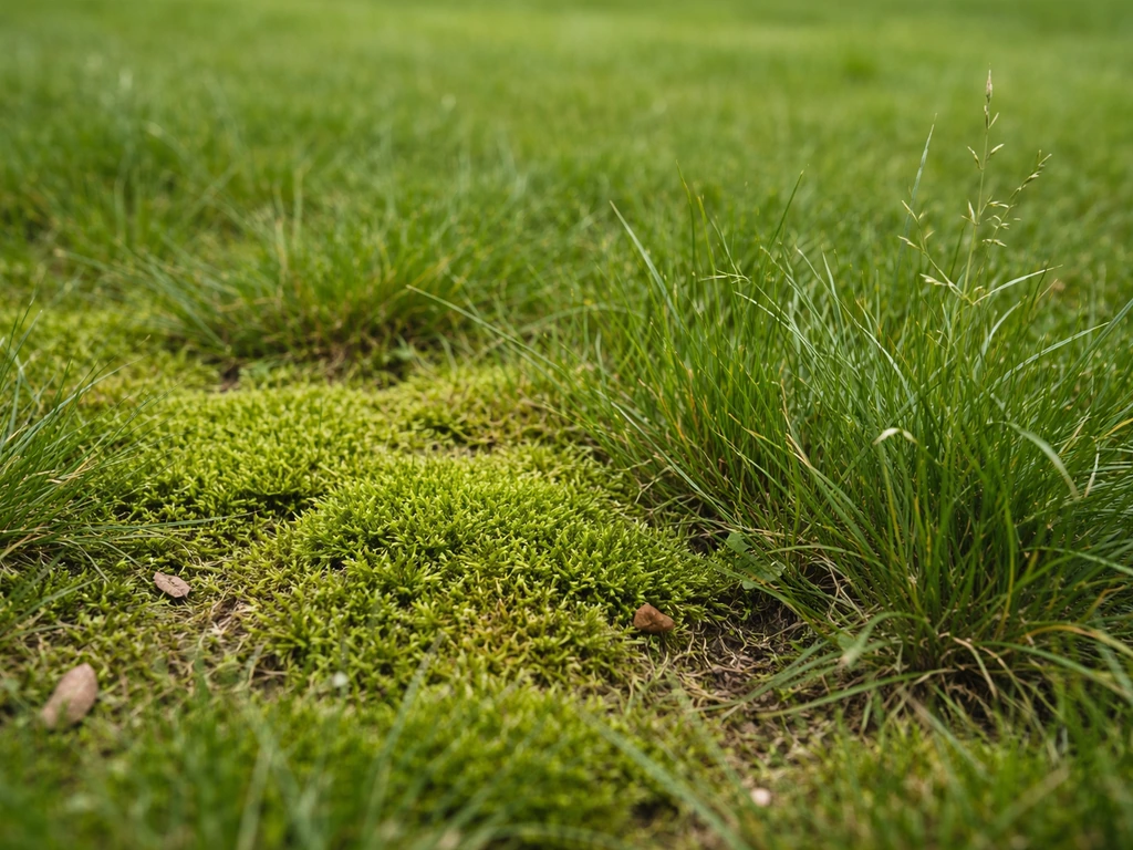 Gazon met mos dat doorbreekt en ook wild gras, met nadruk op de overgang tussen beide