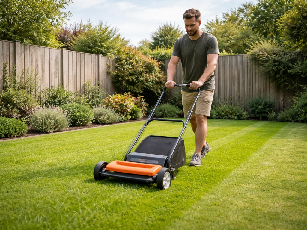 Groen gazon in een Nederlandse tuin, terwijl een grasmaaier gras snijdt en een net gemaaid spoor achterlaat.