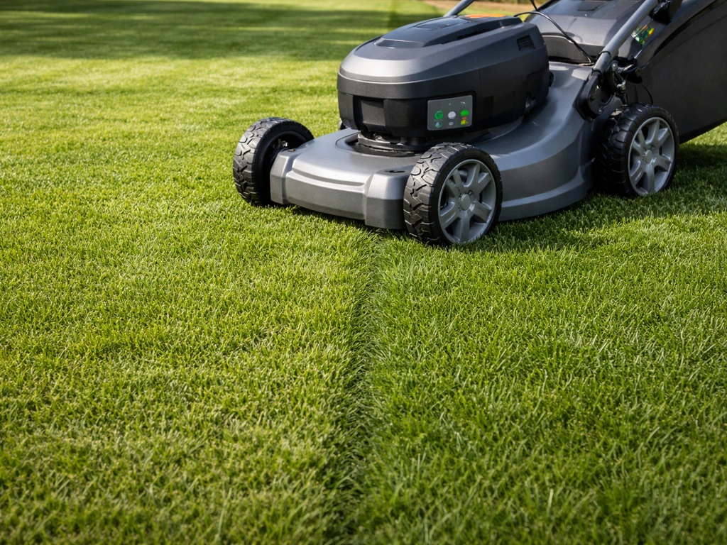 Tuin met siergazon en een kleine tuinschaar/maaimachine op de achtergrond, indicatief voor verschillende maaihoogtes