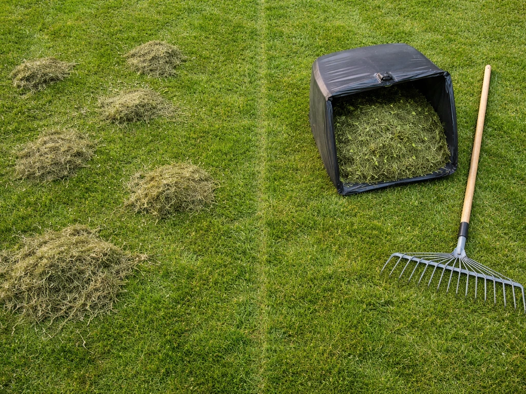 Bovenaanzicht van pas gemaaid gras: links los laten liggen, rechts maaisel opvangen met grasopvangzak
