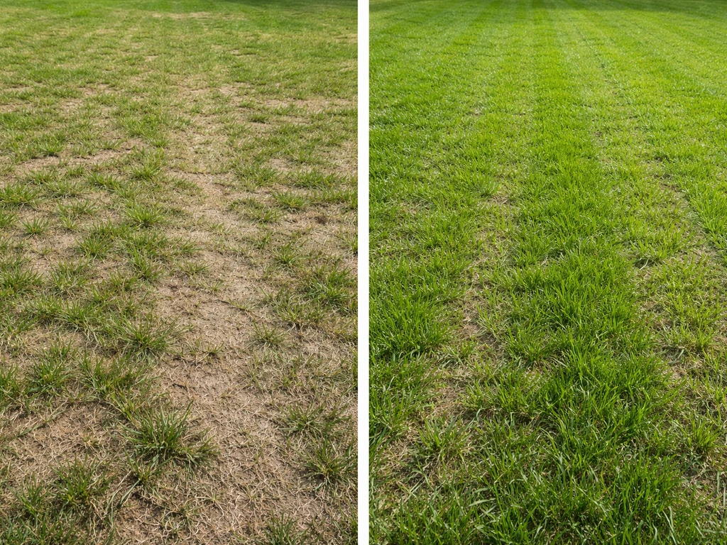 Twee reeksen gras: links kale stroken na te laag maaien, rechts herstel met nieuw doorgezaaid gras