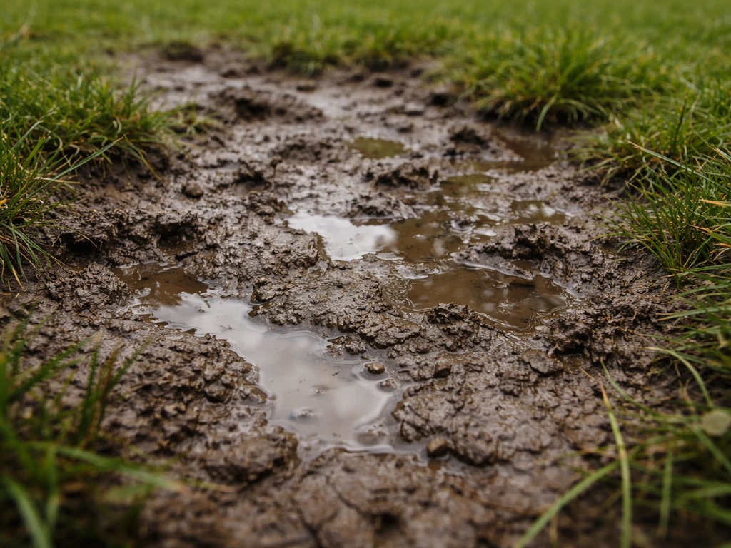 Close-up van een modderplek op het gazon met zichtbare kleiige afdrukken en water dat niet snel wegzakt.