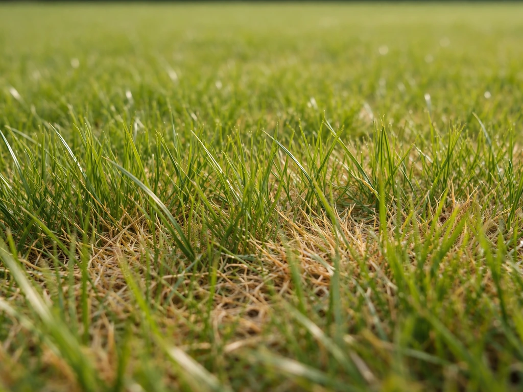 Close-up van gras op knieënhoogte die terugveert, met zichtbare stressplekken in een gazon