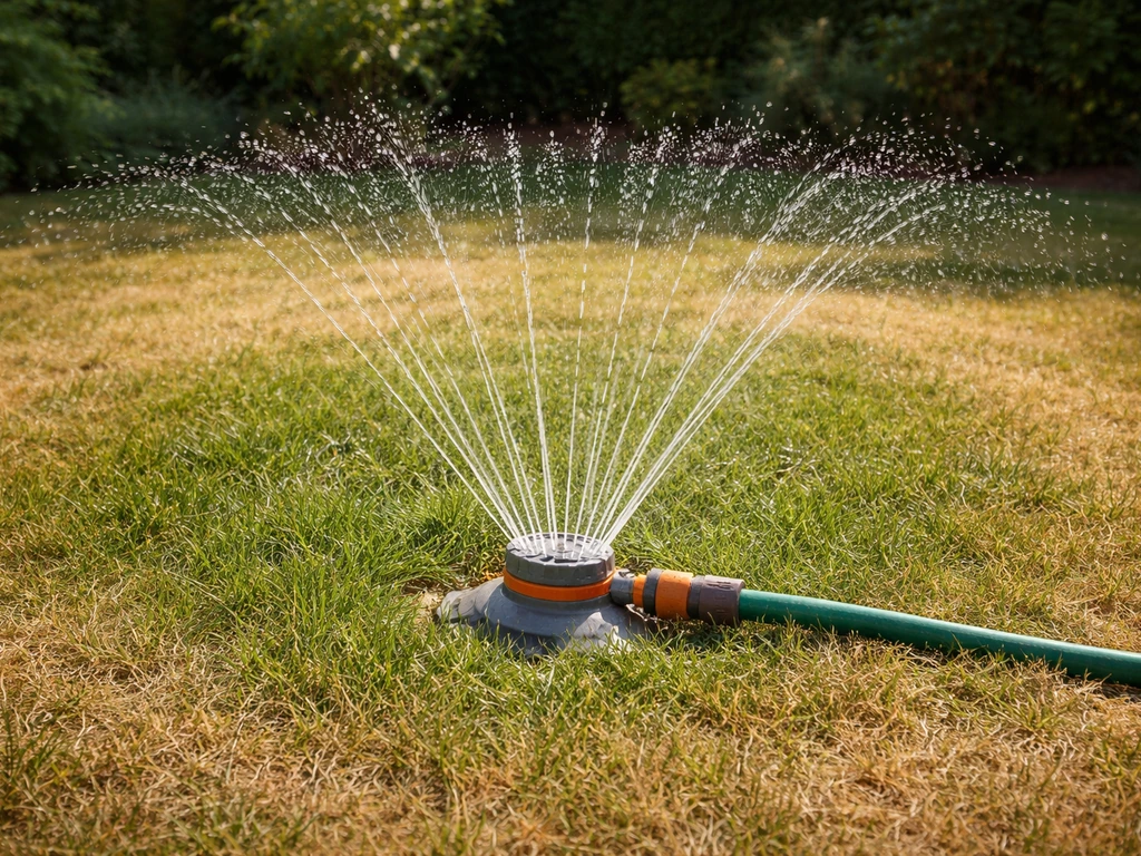 Kleine sproeikrans op gazon: gras in het midden net vochtig, omliggende stroken droog en vergeeld.
