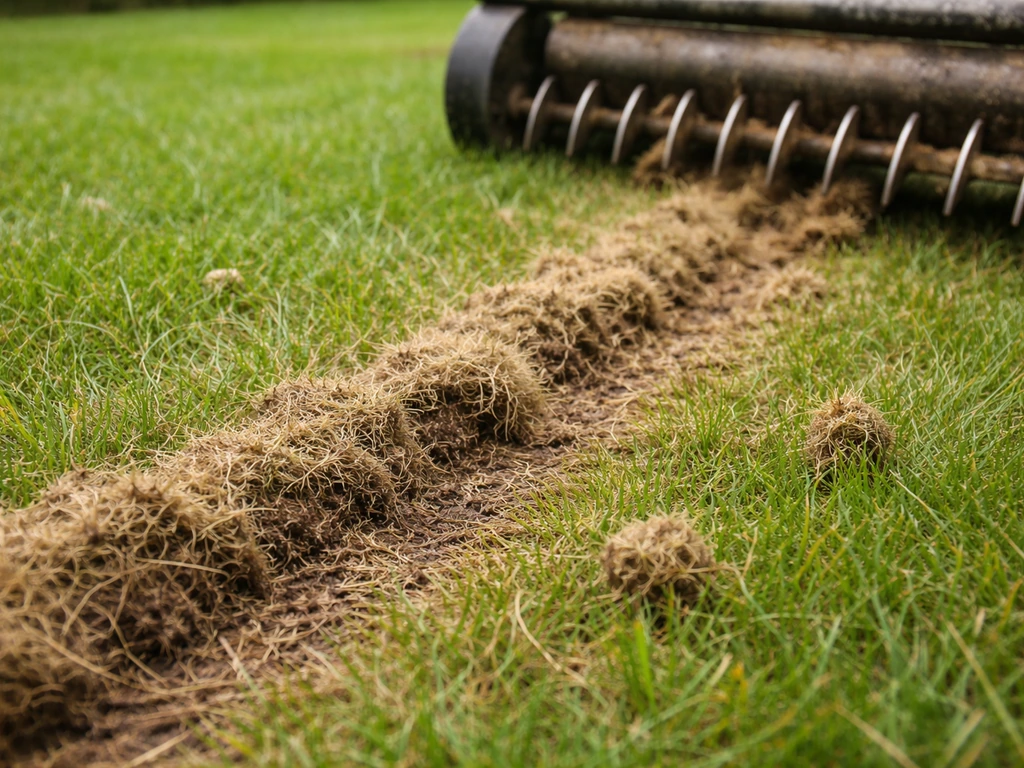 Verticutten van een gazon: verticuteermes maakt viltlaag los met zichtbaar losgekomen vilt op het gras.