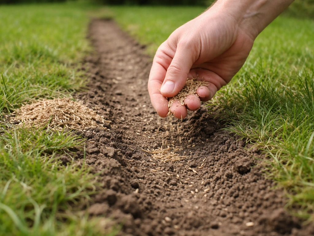 Close-up van het doorzaaien van een kale strook in een gazon; graszaad wordt licht in de grond gewerkt.