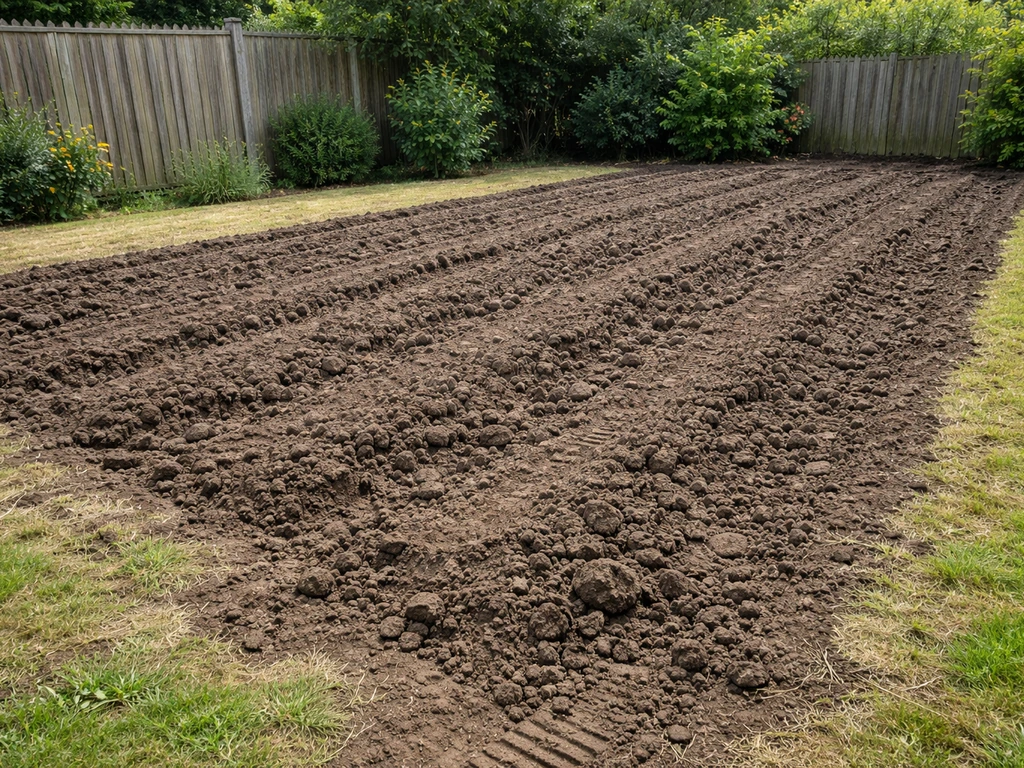 Omgeploegd grasveld in een Nederlandse tuin met omgewerkte stroken aarde en aanloop naar nieuw gras.