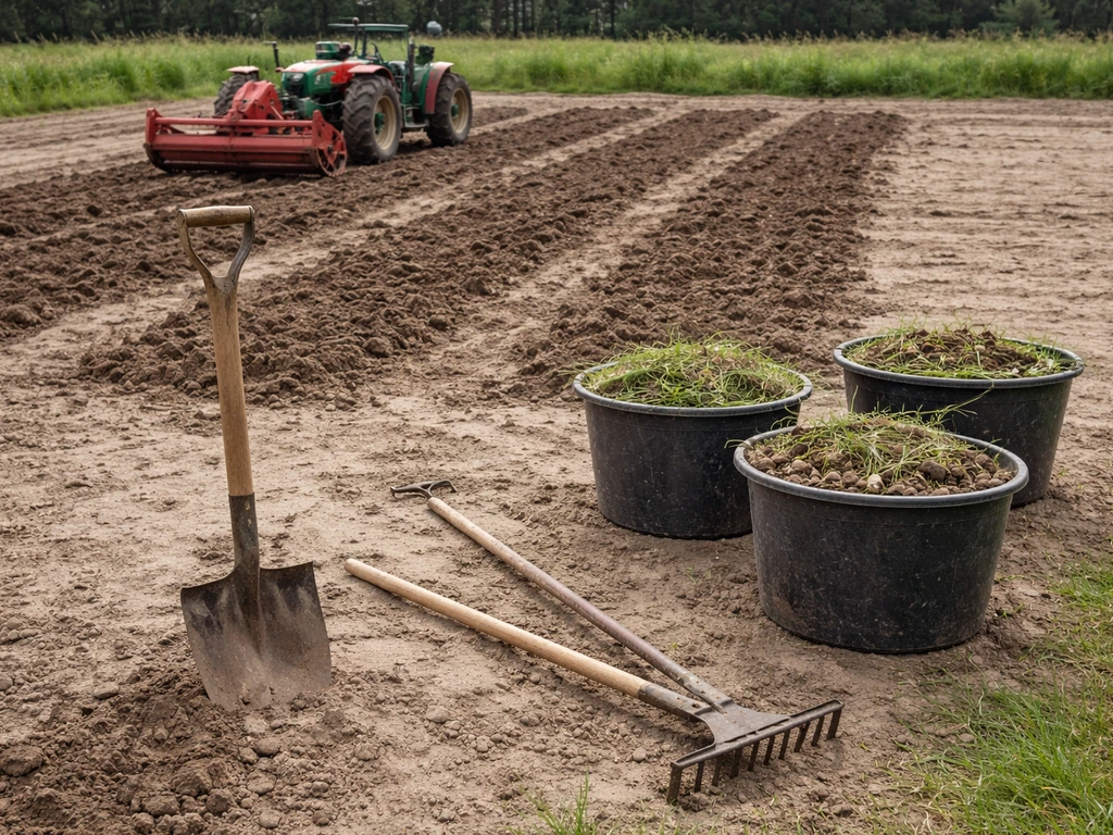 Grondbewerker met omploegmachine en schop bij klaar materiaal: maairesten en stenen voor omploegen