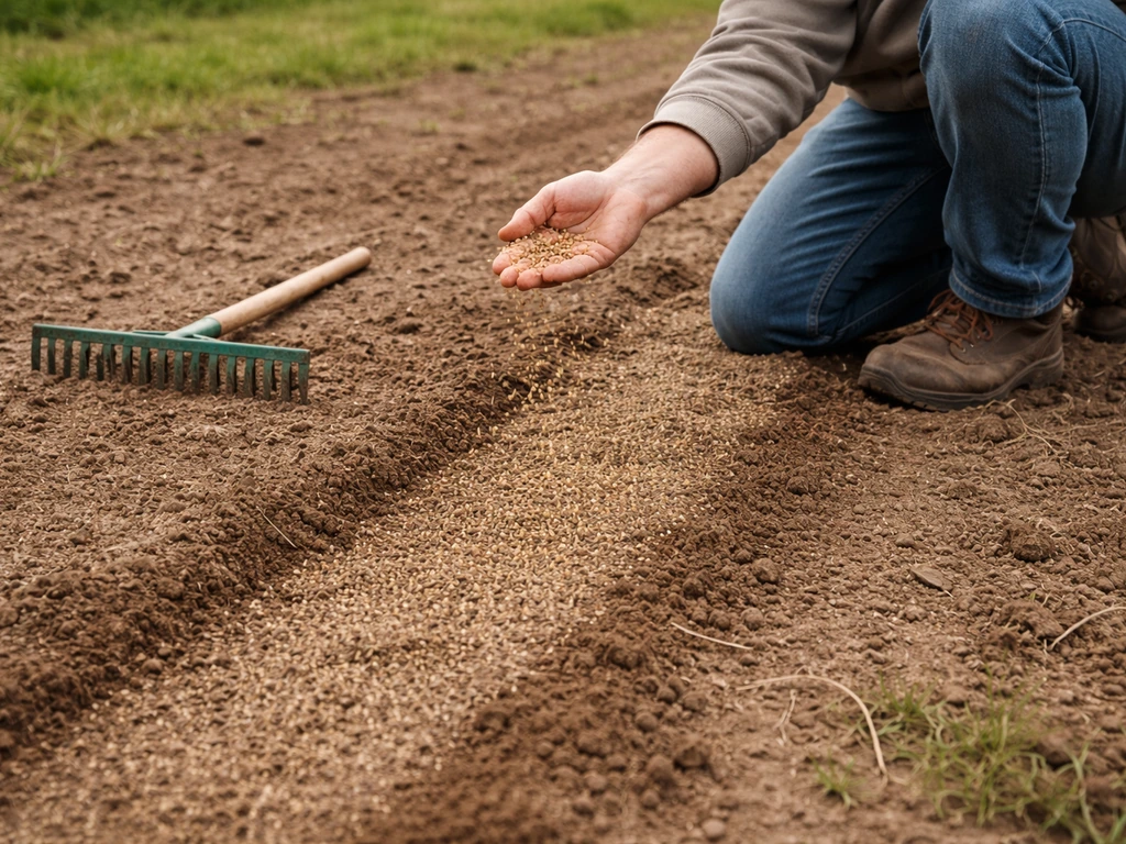Anonieme tuinier strooit graszaad gelijkmatig en werkt het licht in met een hark.