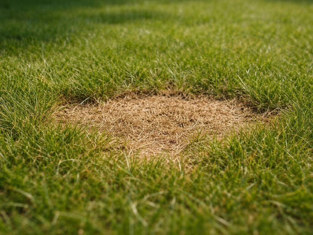 Close-up van een bruin uitgedroogd plekje in een groen gazon, met duidelijke overgang naar gezond gras.