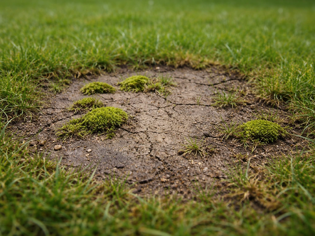 Kale plek in een gazon met mospolletjes en harde, verdichte grondsporen in natte bodem