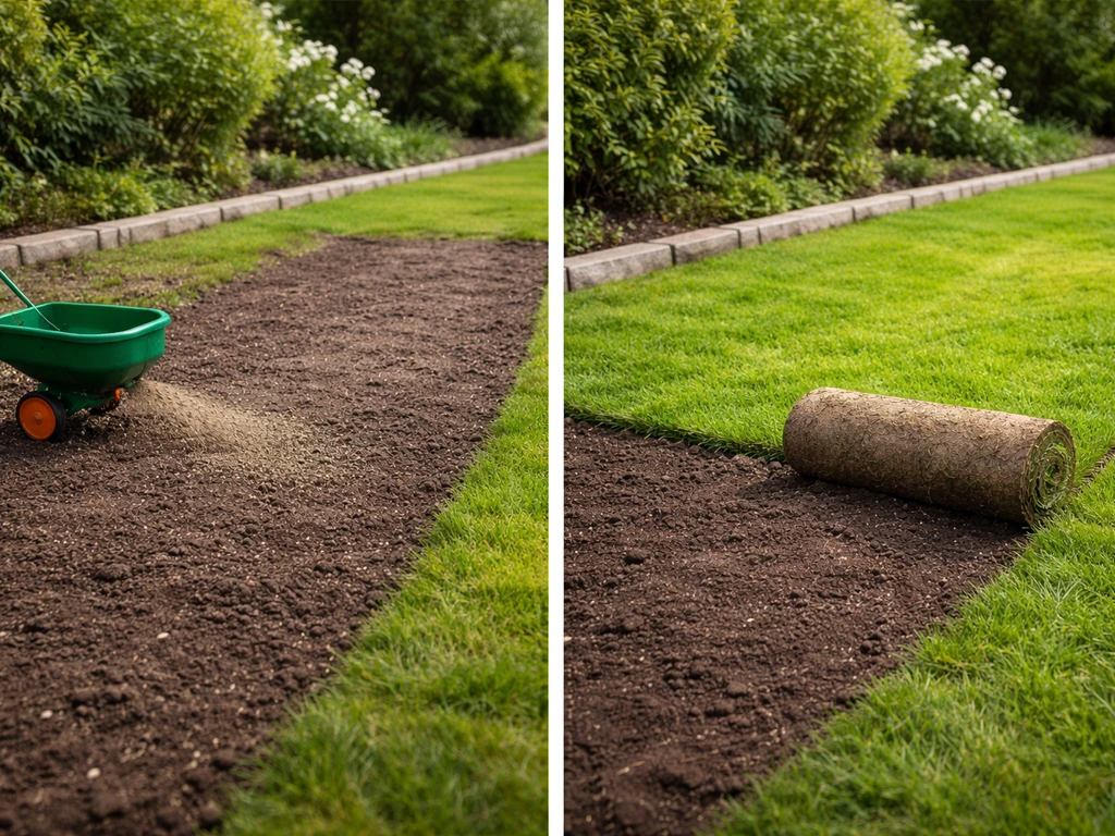 Linkerzijde met graszaad uitstrooien, rechterzijde met uitgerolde graszoden op een kale plek.