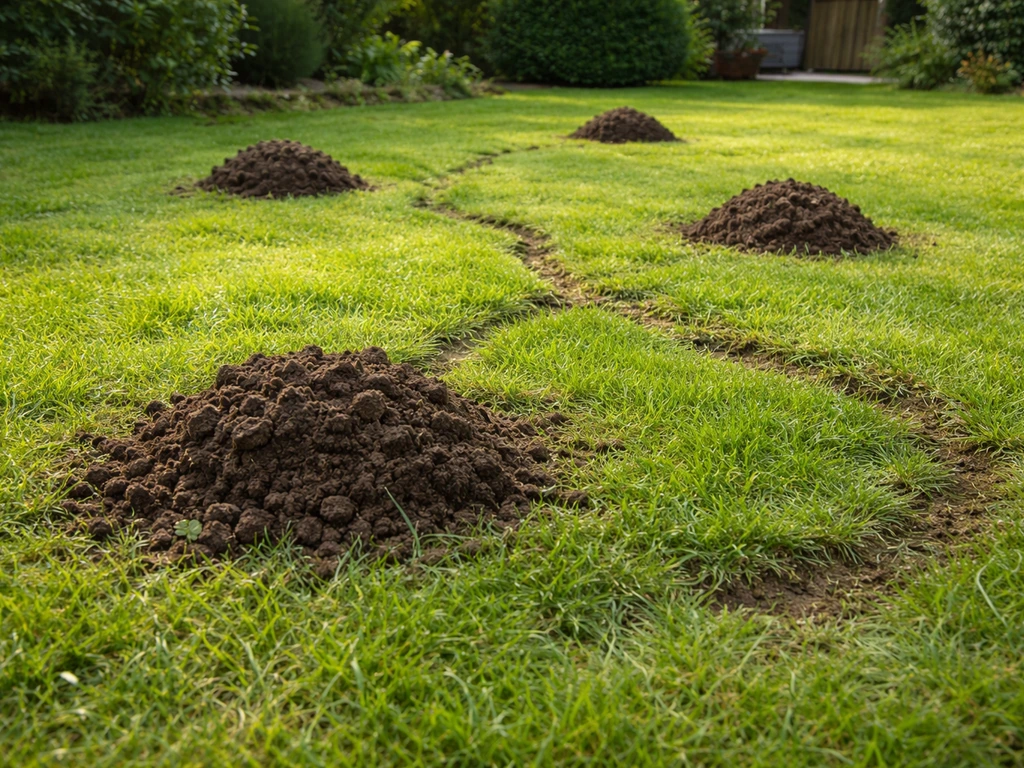 Groen gazon met meerdere molheuvels en omgewoelde aarde, met duidelijke gangensporen in het gras