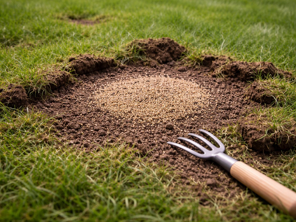 Kale plek in een gazonrand met zichtbaar graszaad na doorzaaien, met raking en schone bodem