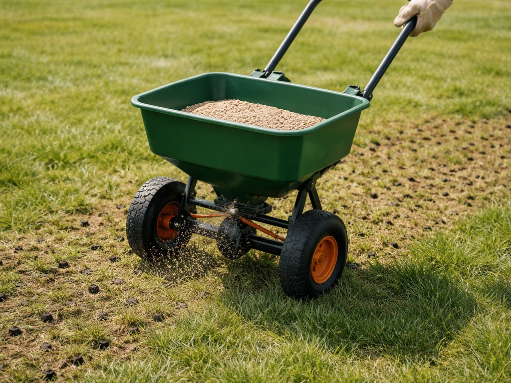 Een hand met tuinmeststrooier die over een gazon wordt bewogen, met doorprik-/beluchtingssporen op de achtergrond.