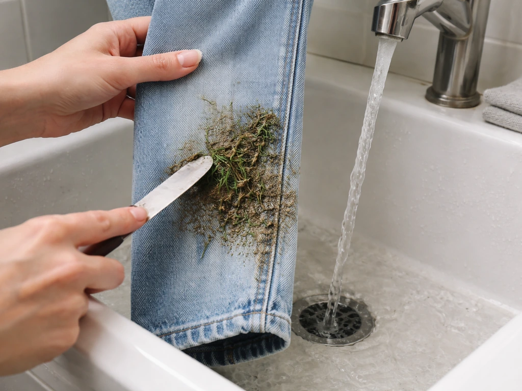 Hand schraapt gras en modder van een broek boven de wasbak en spoelt de vlek kort voor.