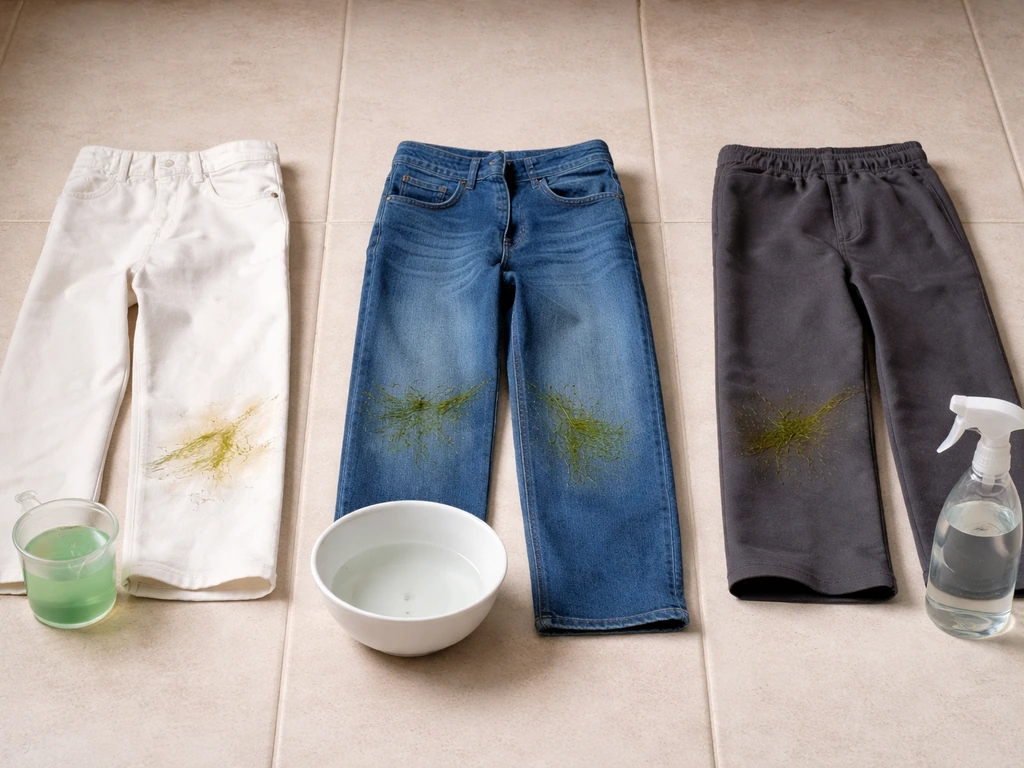 Drie broekmaterialen (katoen, denim, polyester) naast elkaar met reinigingsrekwisieten tegen grasvlekken.