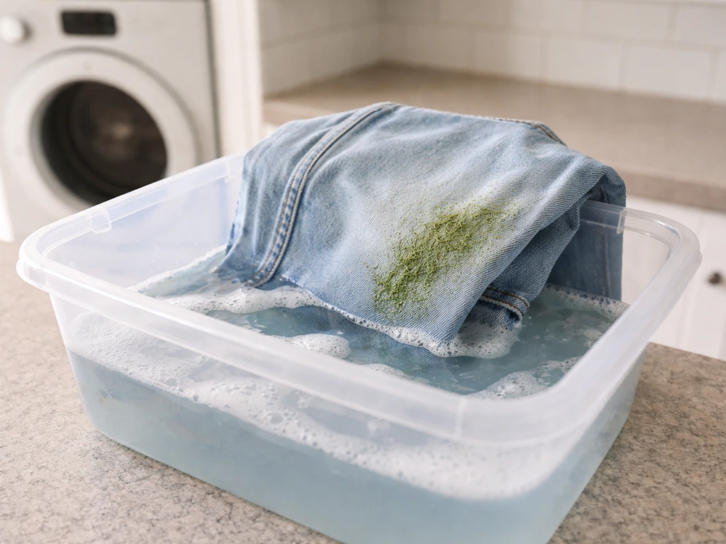 Broek met zichtbare grasvlek in weekbak met vlekverwijderaar; gesloten wasdroger op de achtergrond, geen drogergebruik.