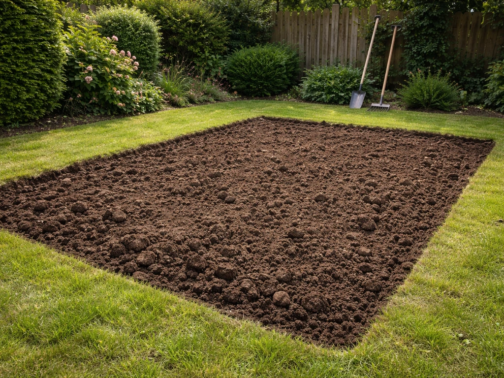 Nette strook gazon waar oud gras is verwijderd en de grond omgespit is, met schep en hark op de achtergrond.