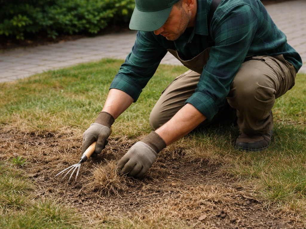 Tuinier knielt bij een kale, versleten grasstrook terwijl oud gras wordt verwijderd van de oprit