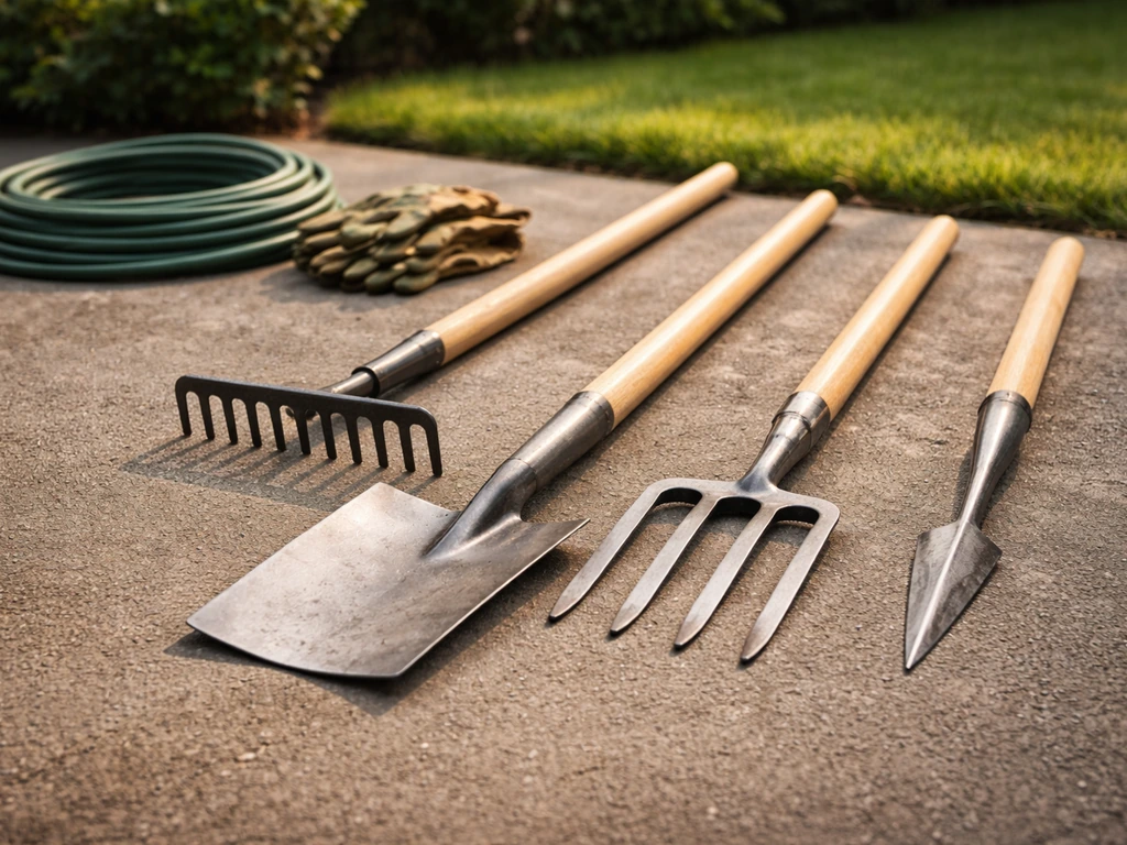 Gereedschappen voor in de tuin—platte spade, spitvork, hark en markeergereedschap—op een betonnen oprit.