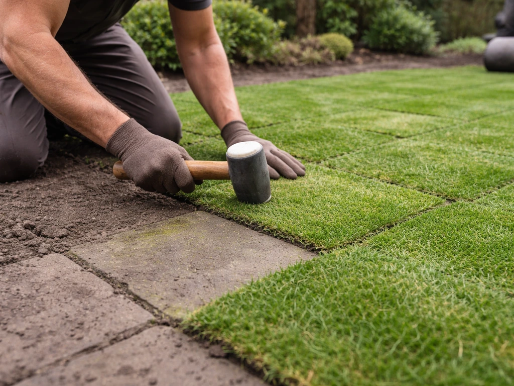 Tuinier legt graszoden in baksteenverband; zoden strak aangedrukt in een voortuin