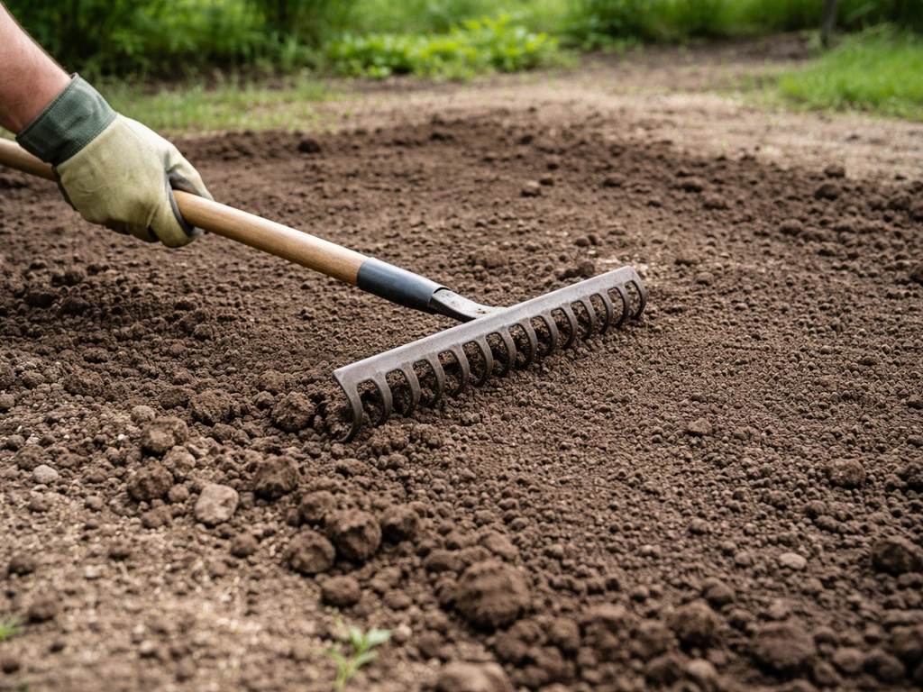 Hand met brede hark egaliseert omgespitte grond in een tuinperceel, klaar voor bodemverbetering.
