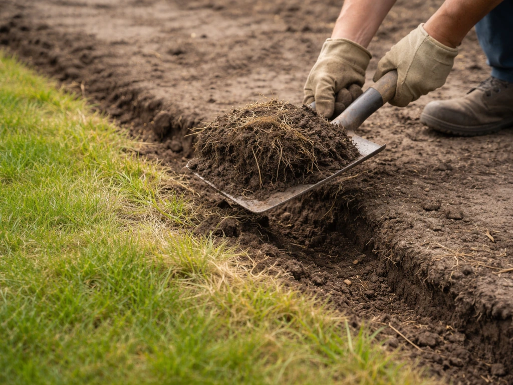 Close-up van een tuin met uitgegraven grasstrook waar oude wortels achterbleven en oud gras snel terugkomt.