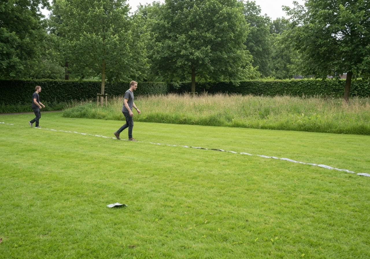 Persoon loopt door de tuin met schaduwen op het gras, bodem en plantvak zichtbaar