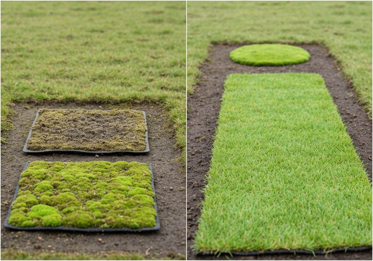 Vergelijking van mos en kale plekken links met hersteld, dicht gras rechts in een tuinvak.